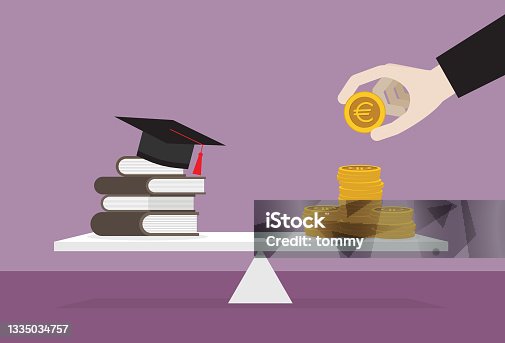 istock Graduation cap, books, and a stack of a euro coin on the lever 1335034757