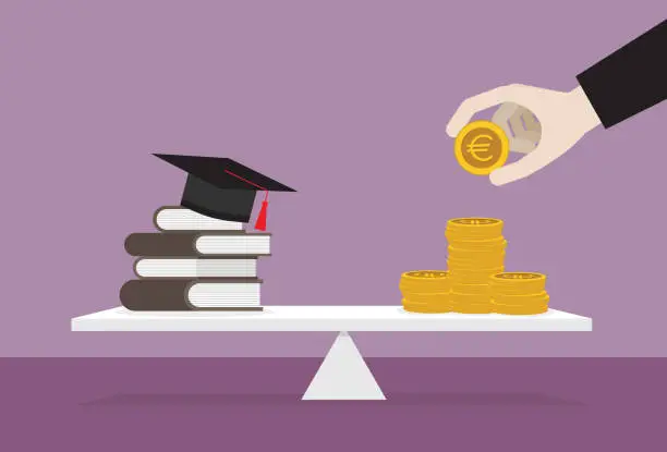 Vector illustration of Graduation cap, books, and a stack of a euro coin on the lever