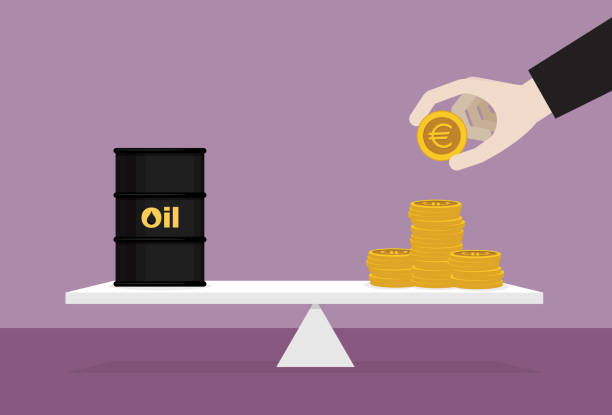сырая нефть и стопка монеты евро на рычаге - opec stock illustrations