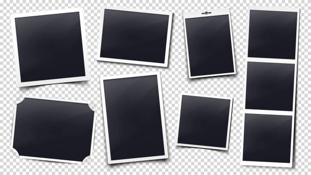 Photo card frames mockup Photography presentation frame with shadow and white border. Retro photos template isolated vector set photo booth stock illustrations