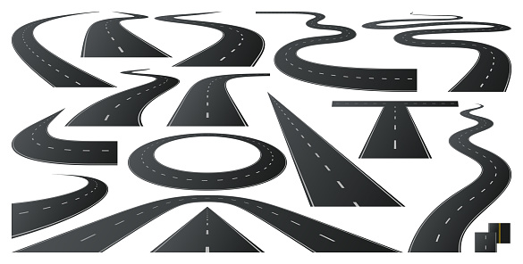 Asphalt roads, highway turn and curve long way. Vector includes white stripes and two yellow lines road markings