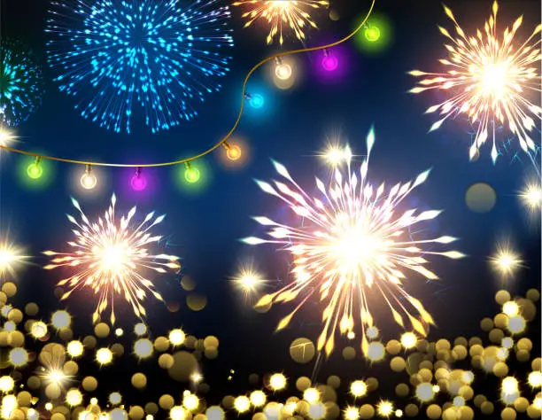 Vector illustration of New Year Background with Fireworks and Confetti
