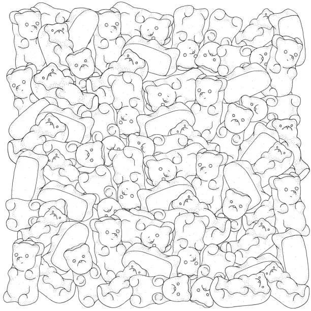 Vector illustration of Pattern with gummy bears.  Adult coloring book page with shiny jelly bears. Black and white vector illustration.