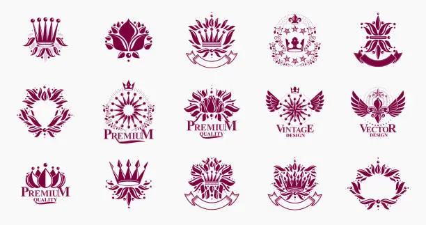 Vector illustration of Classic style De Lis and crowns emblems big set, lily flower symbol ancient heraldic awards and labels collection, classical heraldry design elements, family or business emblems.