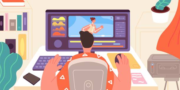 Animator at work. Artist animation games, motion model graphic. Designer works at computer in home office, video editor process utter vector concept Animator at work. Artist animation games, motion model graphic. Designer works at computer in home office, video editor process utter vector concept. Illustration editor motion designer game developer stock illustrations