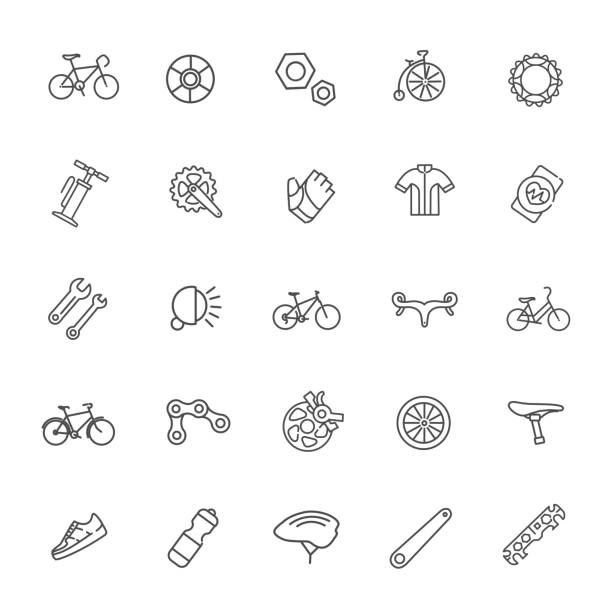 zestaw ikon narzędzi rowerowych i wyposażenia. rower i atrybuty - cycling vest stock illustrations