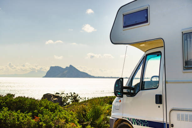 istock Caravan on spanish coast, Gibraltar rock on horizon 1335044751