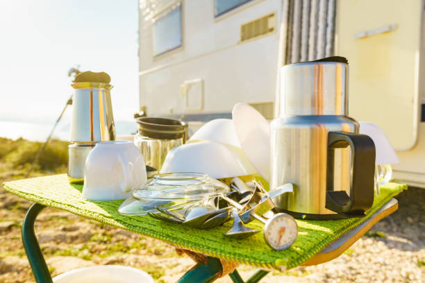 istock Clean dishes drying on fresh air, capming outdoor 1335044765
