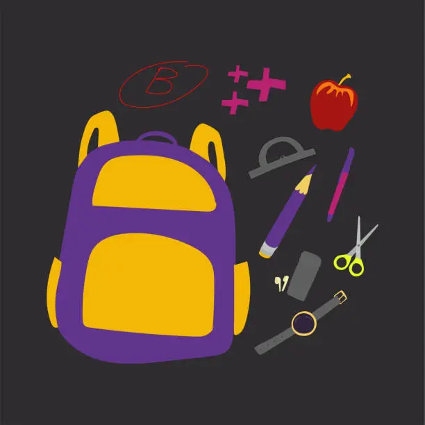 Vector illustration of group of items: backpack, pen, pencil, ruler, apple, smartphone, watch, headphones, scissors, plus. Hand drawn elements isolated on black background.