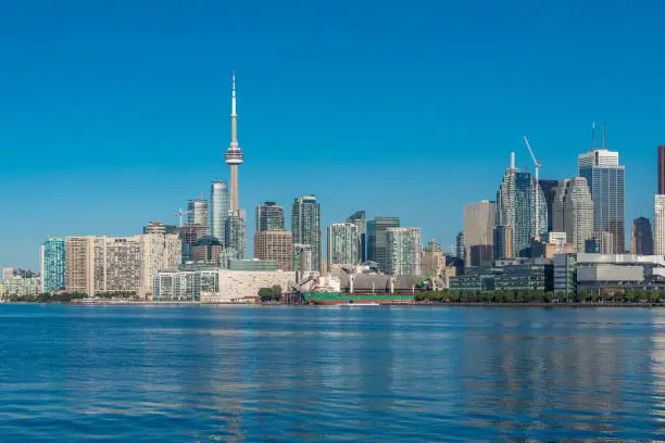 Toronto skyline from Ontario lake in sunny morning