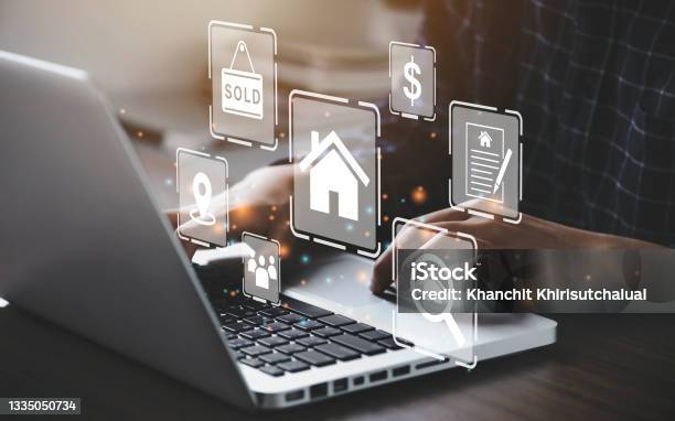 Businessman Using A Computer For Property Sales Listings Real Estate Agent Agency Contractor Residential Property Investment Housing Project Property Development Real Estate Choose A House Buy Online Stock Photo - Download Image Now