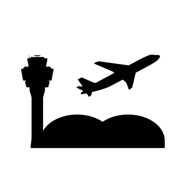 airport symbol with air traffic control tower and plane airport symbol with air traffic control tower and plane taking off, vector illustration airplane silhouettes stock illustrations