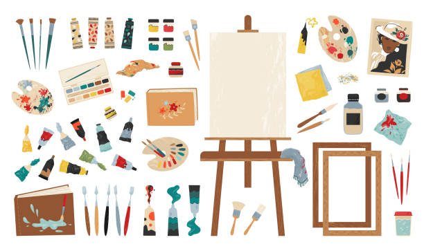 illustrations, cliparts, dessins animés et icônes de outils d’artiste. atelier de peinture collection de cliparts. peintures et pinceaux. aiguiseur ou gomme. kit d’accessoires de dessin. carnets de croquis et cadres en bois. les concepteurs vectoriels créent une boîte à outils - painting