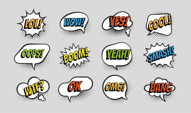 Vector illustration of Comic bubble. Pop style communication balloons. Dialog elements with text and graphic art. Boom and Oops effects. Wow or Yeah funny cartoon reactions. Vector expression symbols set