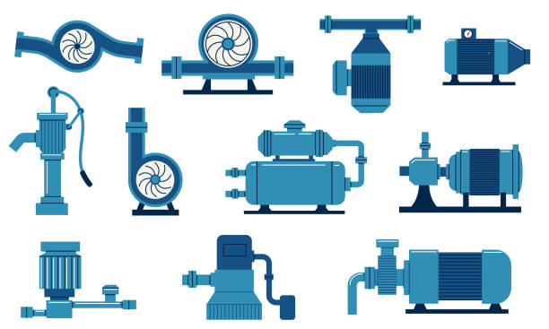 Water pump. Electric machine with compressor, aqua tank and motor. Gas and oil plumbing system. Cisterns with tube and valves. Industrial equipment set. Vector engineering construction Water pump. Electric machine with compressor, aqua tank and motor. Gas and oil plumbing system. Isolated cisterns with tube and valves. Industrial equipment set. Vector blue engineering construction electric motor stock illustrations