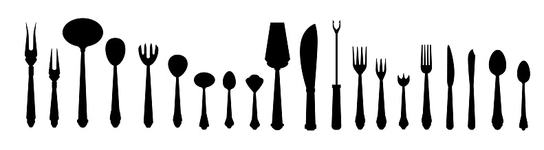 Black cutlery. Isolated silhouettes of kitchenware. Utensils icons for restaurant and bistro brochures. Dishware mockup. Spoons and forks symbols. Serving spatula or knife signs. Vector tableware set