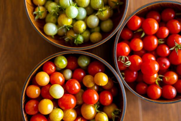 istock Red and green cherry tomatoes in bowls on a wooden table 1335055295
