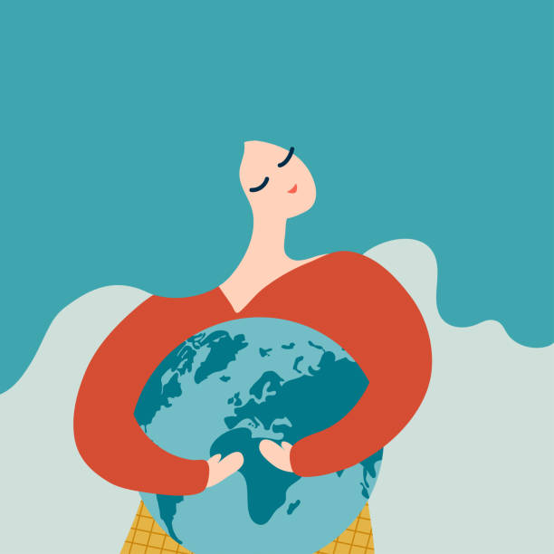 Girl hugging blue planet. Eco concept. vector art illustration
