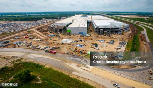 Tesla Gigafactory Austin Or Known As Gigatexas Aerial View Shows Condturction Progress And The 4680 Battery Factory Almost Complete Stock Photo - Download Image Now
