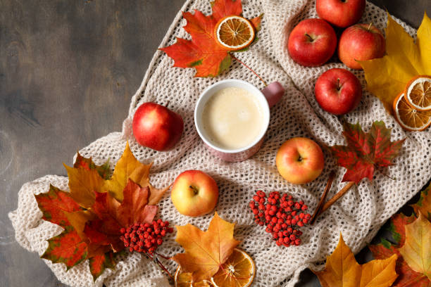 Autumn mood flat lay with cup of coffee, fallen leaves, red berries, apples, warm knitted blanket and cinnamon. Autumn holidays, thanksgiving day, home weekend. stock photo