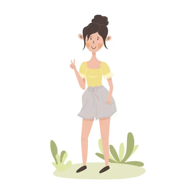 Vector illustration of Cute cartoon flat girl in light shorts. Young happy white woman stands in garden and shows peace sign with her hand. Slow lifestyle. Summer walk in nature. Funny spring character for use in ad.