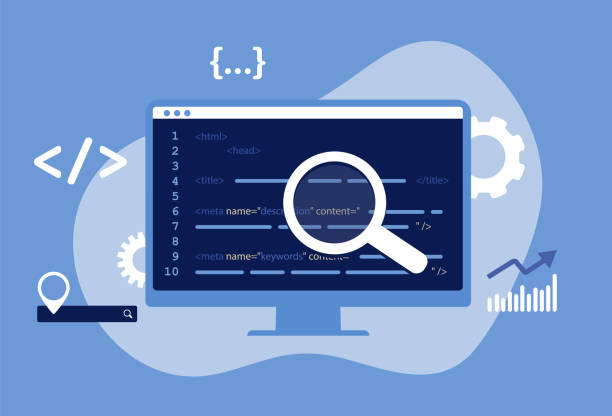 SEO Meta Data Optimization Concept. Vector illustration with hypertext code in blue color. HTTP Website Header Search engine optimization title tags and seo meta data description elements SEO Meta Data Optimization Concept. HTTP Website Header Search engine optimization title tags and seo meta data description elements. Vector illustration with hypertext code in blue color. hypertext stock illustrations