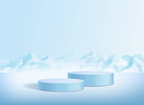 istock Circle podium on blue background with snowy mountains or iceberg. Minimal abstract Studio stage for advertising 1335060067