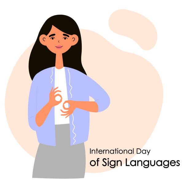 The girl shows gestures with her hands. Inscription International Day of Sign Languages. Vector flat illustration The girl shows gestures with her hands. Inscription International Day of Sign Languages. Vector flat illustration. International Day of Sign Languages stock illustrations