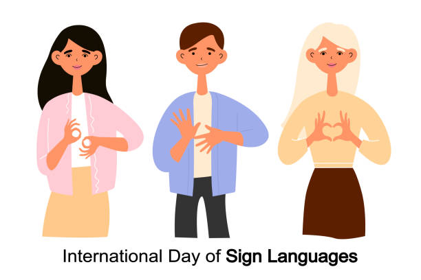 Three people show hand gestures. Inscription International Day of Sign Languages. Flat vector illustration Three people show hand gestures. Inscription International Day of Sign Languages. Flat vector illustration. International Day of Sign Languages stock illustrations