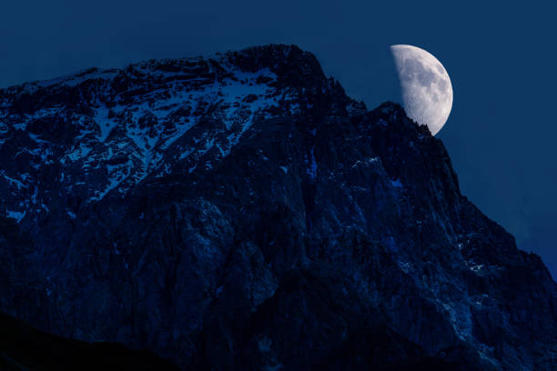 Full Moon, stars, planets and landscape scenery silhouettes.