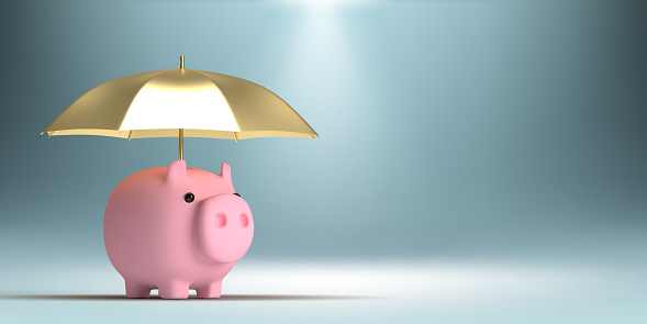 3D rendered financial savings concept: Cute pink money box pig on colorful background with empty space for additional text message. Saving and protecting cash, coins and paper currency. Investment for education, retirement and business. Paying dept and tax