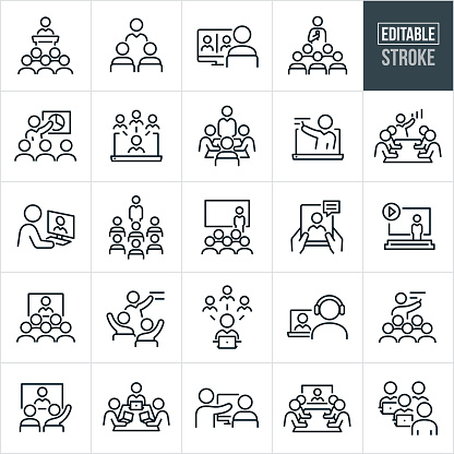 A set of training icons that include editable strokes or outlines using the EPS vector file. The icons include business training, instructor training a group of employees, trainer giving instruction from podium, person attending a webinar, person taking on online training, person speaking at a seminar, business person giving a sales presentation, teacher teaching students, manager giving a training in a boardroom, person presenting at a convention with an audience, training on computer, video conferencing, video conference, instructor giving instruction and other related icons.