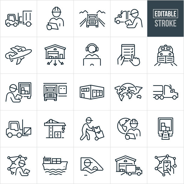 Logistics Thin Line Icons - Editable Stroke A set of logistics icons that include editable strokes or outlines using the EPS vector file. The icons include a forklift loading a semi-truck, quality control, semi-truck driving down the road, engineer with notes, inspector, order fulfillment, airplane, freight, freight liner, warehouse, checklist, rail transport, inventory, operations, distribution of product, delivery truck, package delivery, distribution warehouse, supply line, tanker truck, delivery person, global economy, global distribution, truck driver and other logistics related icons. shipping stock illustrations