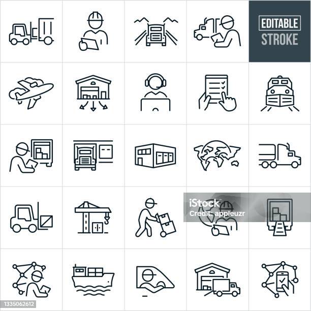 Logistics Thin Line Icons Editable Stroke Stock Illustration - Download Image Now - Icon, Freight Transportation, Supply Chain
