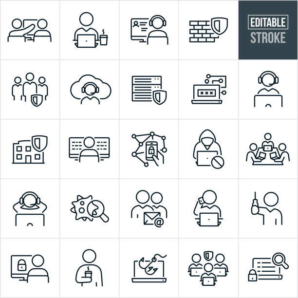 IT Support Thin Line Icons - Editable Stroke A set of IT support icons that include editable strokes or outlines using the EPS vector file. The icons include IT support specialists, IT support, help desk, technology specialist, business person, businessman, information technology, internet security, information security, person working on computer, firewall, information technology team, computer servers, cybersecurity, IT specialist wearing headset, secure business, computer bug, email security, hardware repairman and other related icons. call center stock illustrations