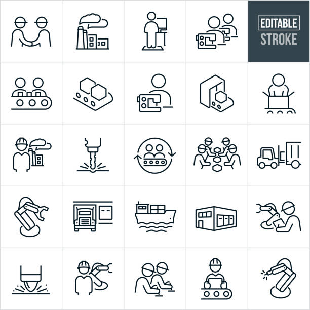 Factory and Mass Production Thin Line Icons - Editable Stroke A set of factory and mass production icons that include editable strokes or outlines using the EPS vector file. The icons include factories, workers working on assembly lines, two warehouse engineers shaking hands, mass production, worker fulfilling orders, workers using sewing machines, conveyor belt transporting product, engineer standing in front of a factory, production line, factory machinery, forklift loading product onto a semi-truck, robotic arm, semi-truck at warehouse, freight transport, warehouse, quality inspector, workers wearing hardhats and other related icons. manufacturing stock illustrations