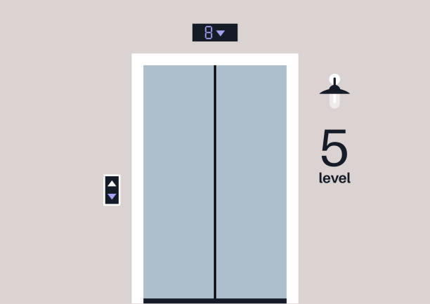 빈 홀, 주거용 건물, 일상 생활 엘리베이터 - metal door measuring work tool stock illustrations