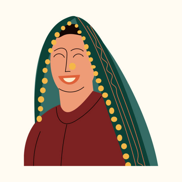 portret pięknej indyjskiej młodej kobiety w kolorowym sari. uśmiechnij się indyjska dziewczyna w saree. księżniczka bollywood, orientalna dama z tradycyjnym jasnym szalikiem. płaska ilustracja wektorowa, izolowana biel - smiling human settlement traditional culture man made object stock illustrations