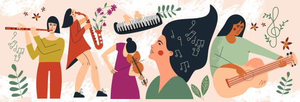 ilustrações de stock, clip art, desenhos animados e ícones de musicians women playing musical instruments web banner. clipart of girls performer with music instruments. female band concert performance. festival, party and event. flat vector cartoon illustration - violin women violinist music