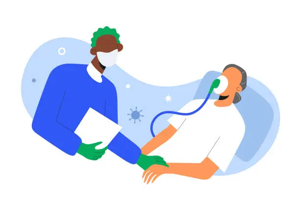 Vector illustration of Covid patient in critical condition, medical worker looking after senior patient in oxygen mask suffering from coronavirus pneumonia, lung ventilation