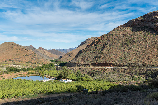 The Koueveld Pass between Seweweekspoort in the Swartberg Mountains and Laingsburg. Farm buildings are visible