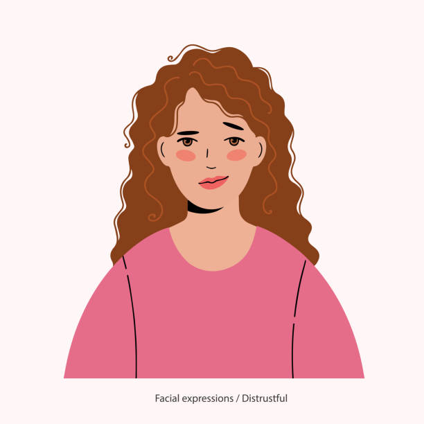 ilustrações de stock, clip art, desenhos animados e ícones de expression on the face of a pretty curly-haired girl: distrustful. - smirking