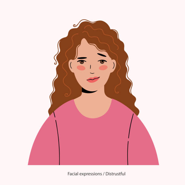 Expression on the face of a pretty curly-haired girl: distrustful. Expression on the face of a pretty curly-haired girl: distrustful. Vector smirk stock illustrations