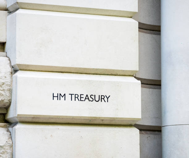 HM Treasury Government Department sign A sign in Whitehall, London for the Treasury department of the UK Government. chancellor photos stock pictures, royalty-free photos & images