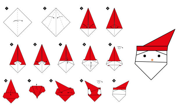 How to make origami santa claus head step by step How to make simple origami santa claus head. Step by step color DIY instructions. Outline vector illustration. origami instructions stock illustrations