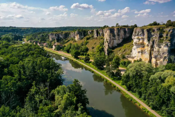 aerial view on the saussois rock and the canal of nivernais in bourgogne