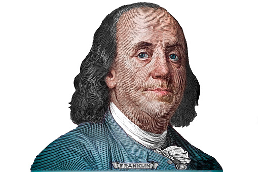 Benjamin Franklin cut on new 100 dollars banknote isolated on white background