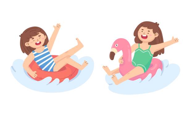 ilustrações de stock, clip art, desenhos animados e ícones de little girls swim on inflatable circles. activity at sea - swimwear child inner tube little girls
