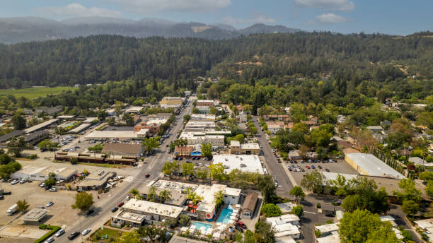 Small Town Aerial Photos High quality aerial photos of Calistoga, California, a small rural town in Northern California known for its premier wineries. napa county stock pictures, royalty-free photos & images