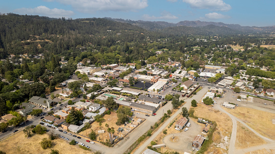 High quality aerial photos of Calistoga, California, a small rural town in Northern California known for its premier wineries.